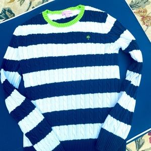 Lilly Pulitzer navy & white  striped cable sweater bright green neck, sz small